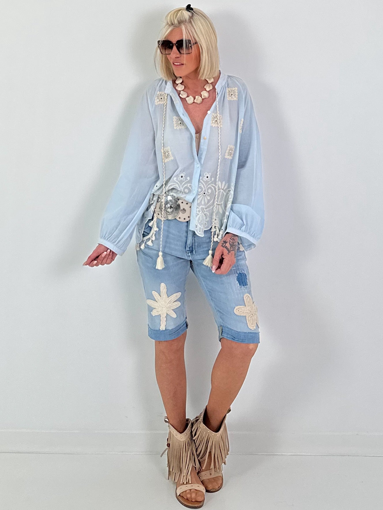 Boho Blouse with Elaborate Details - light blue