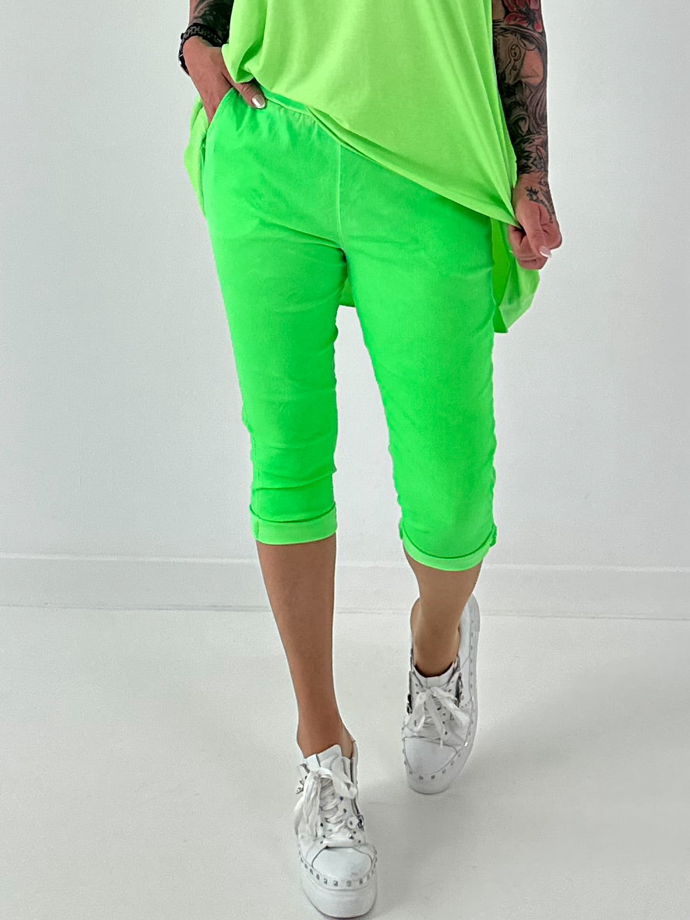Capri Hose mit Bindeband - neongrün