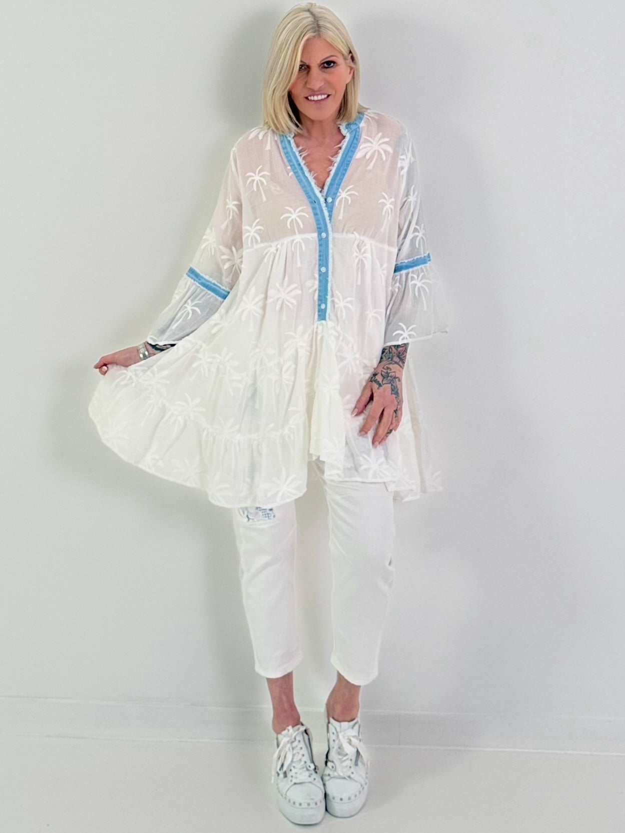 Tunika/Kleid mit Palmen-Elementen - weiss