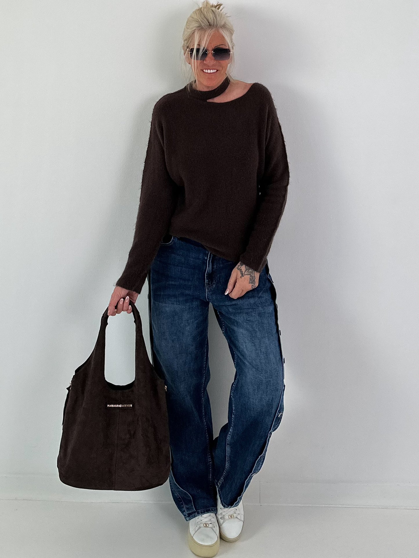 Knitted Cut-Out Sweater - mocha