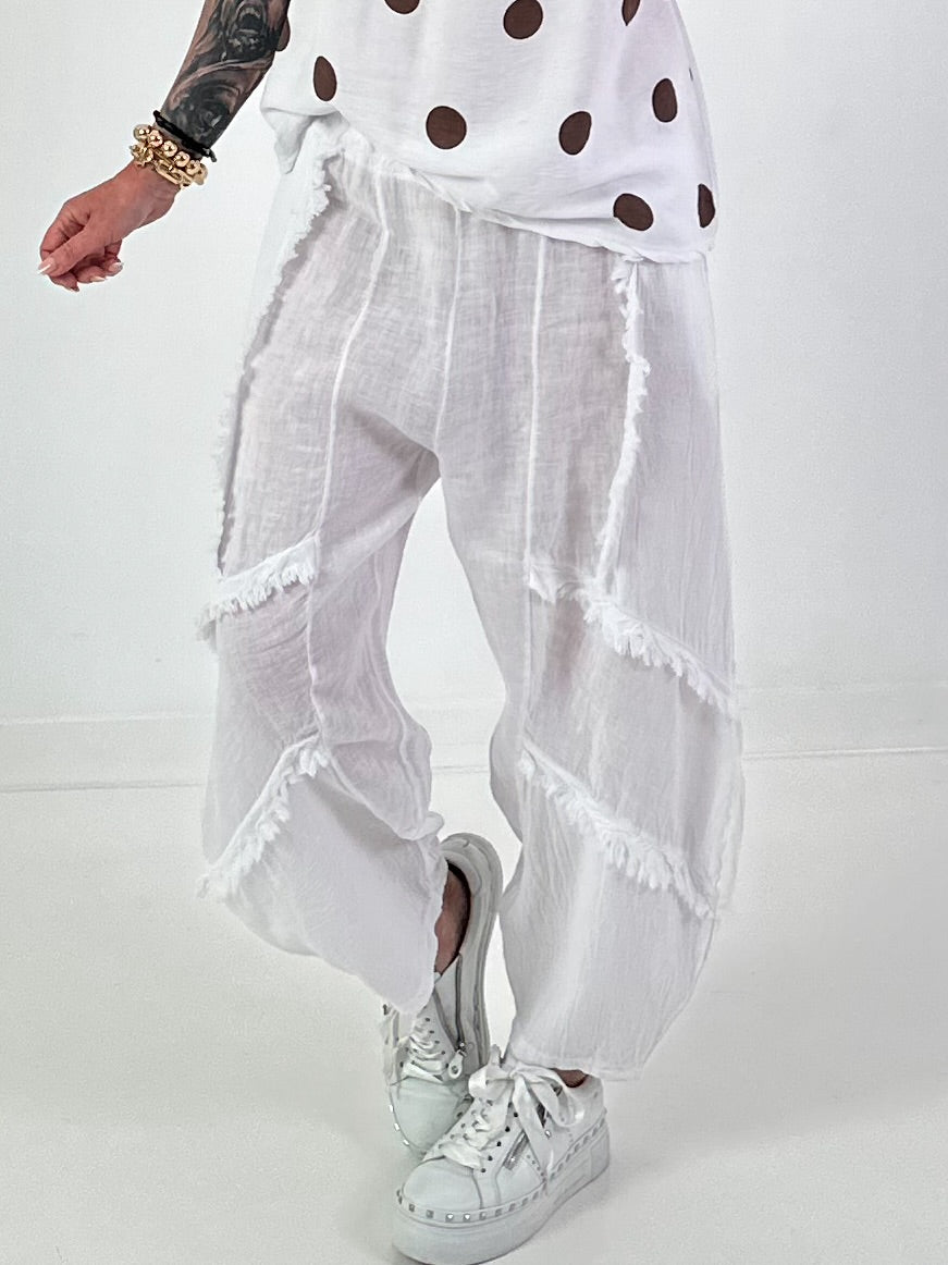 Ballon Leinen Hose mit Fransen Details - weiss