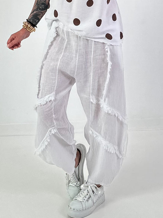 Balloon Linen Trousers with Fringe Details - white