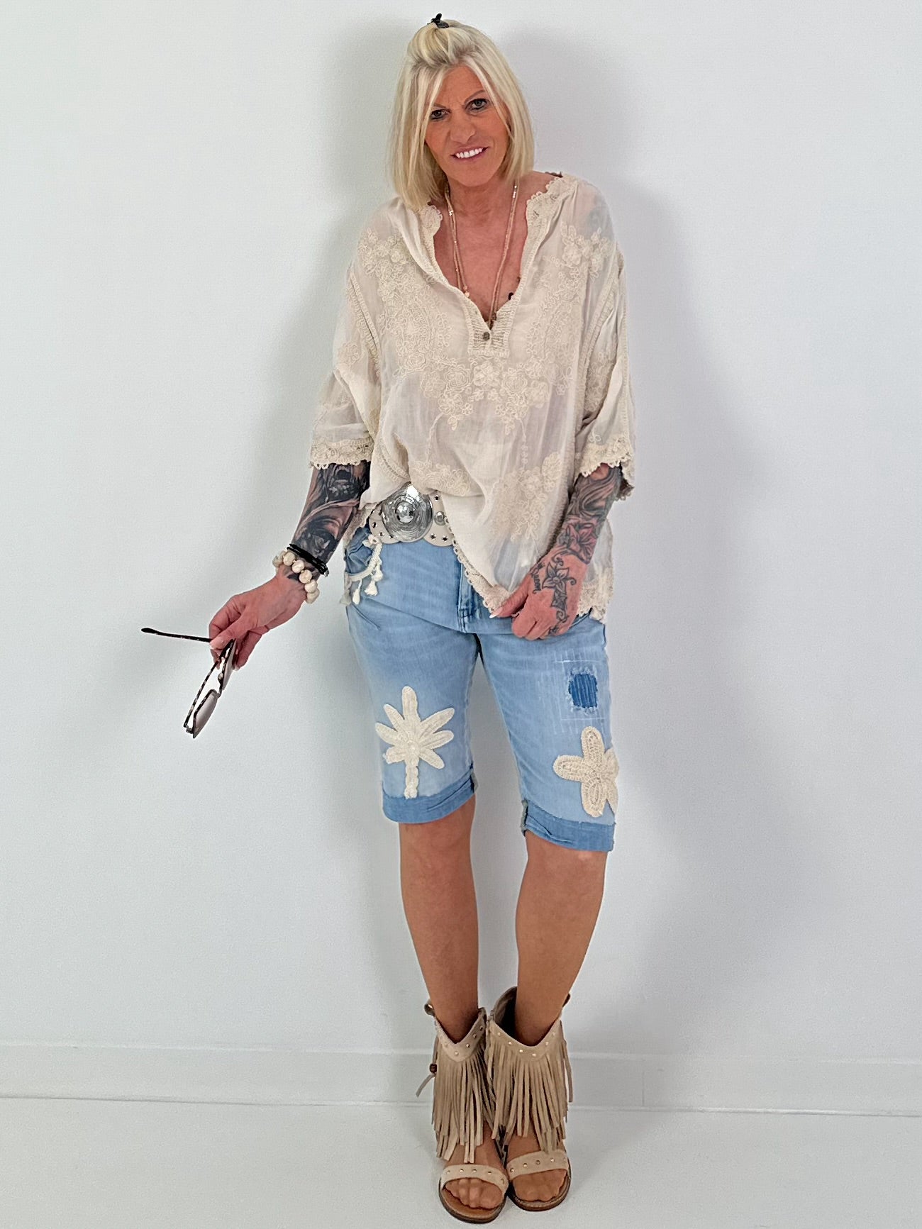 Boho Tunic with Crochet Appliqués - Beige