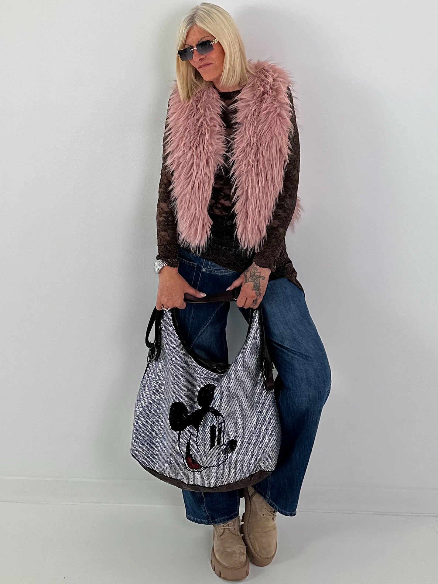 Stylische fake Fell Weste - rosa