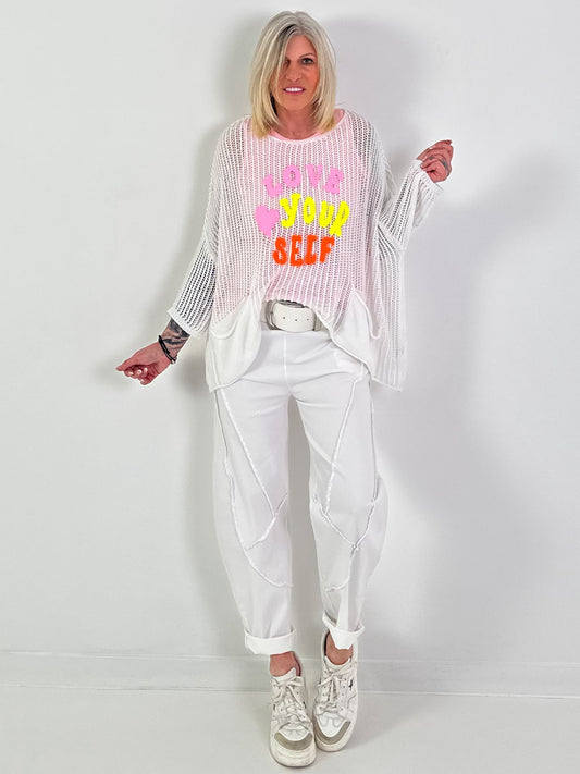 Häkelpullover love yourself - weiss