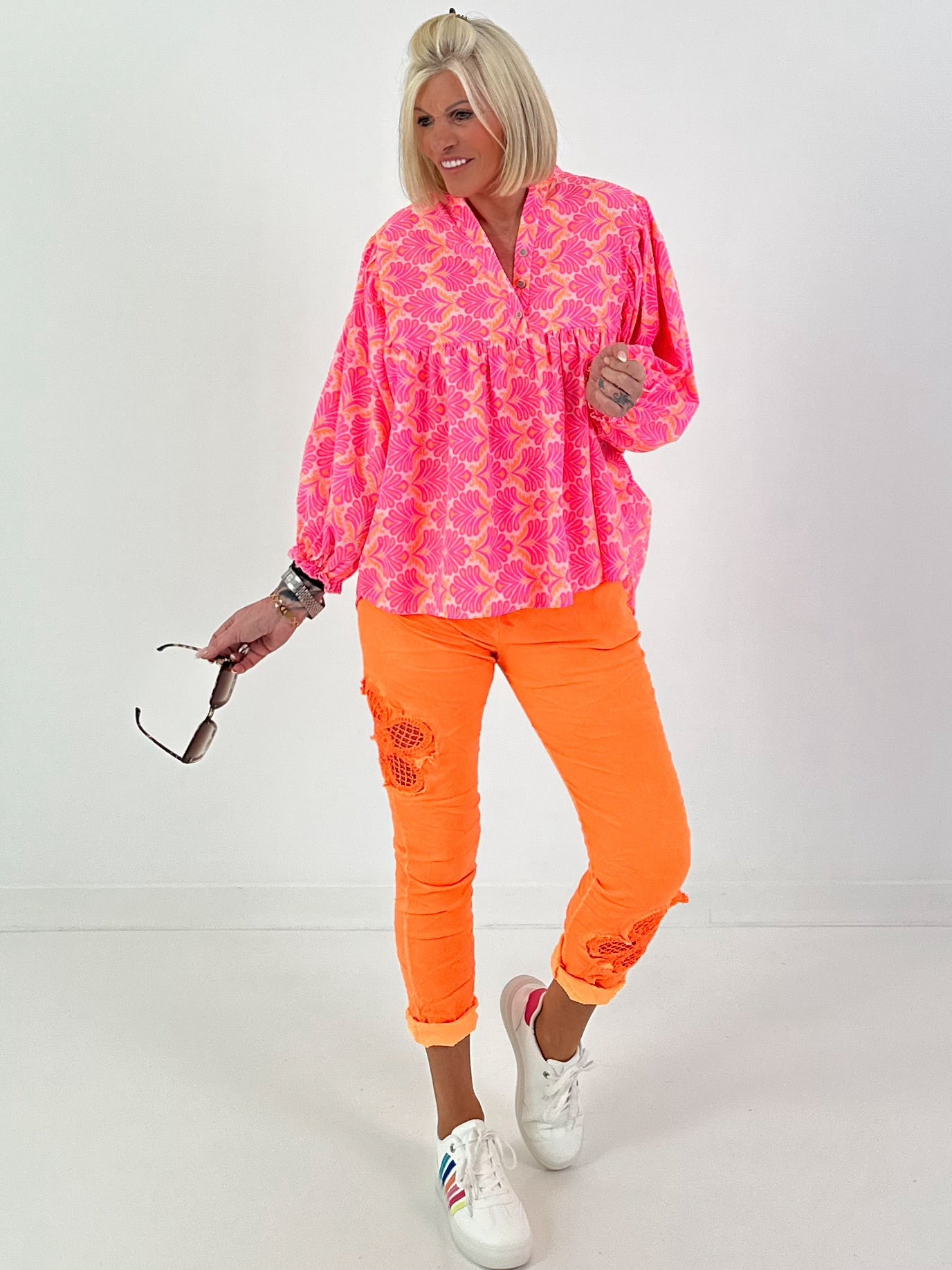 Patterned blouse - neon pink-neon orange-white