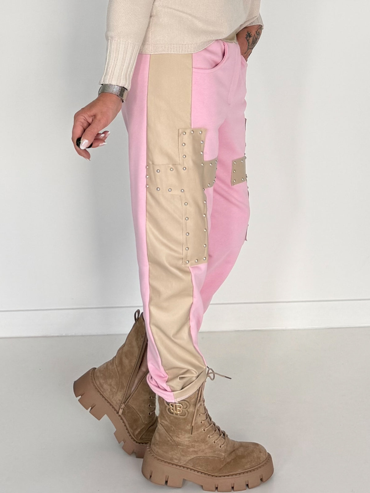 Sweathose im Materialmix - rosa-beige