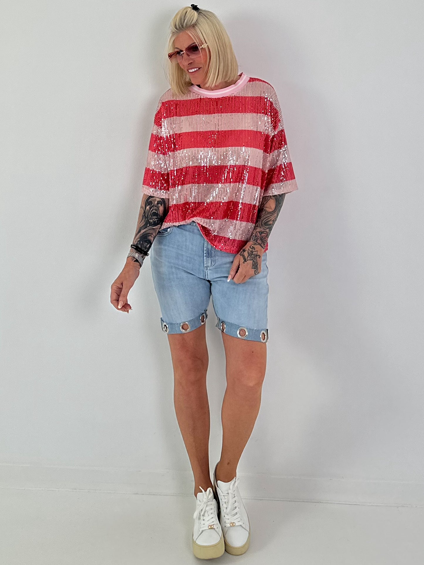 Pailletten Shirt mit Streifen - rot-rosa