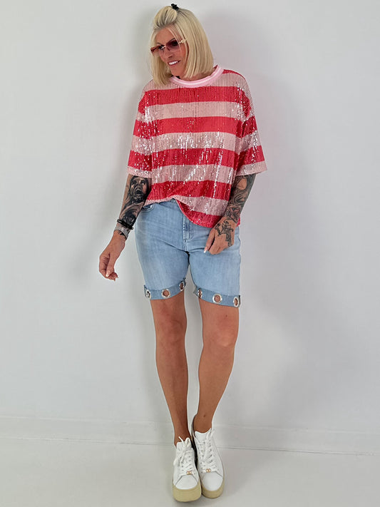Pailletten Shirt mit Streifen - rot-rosa
