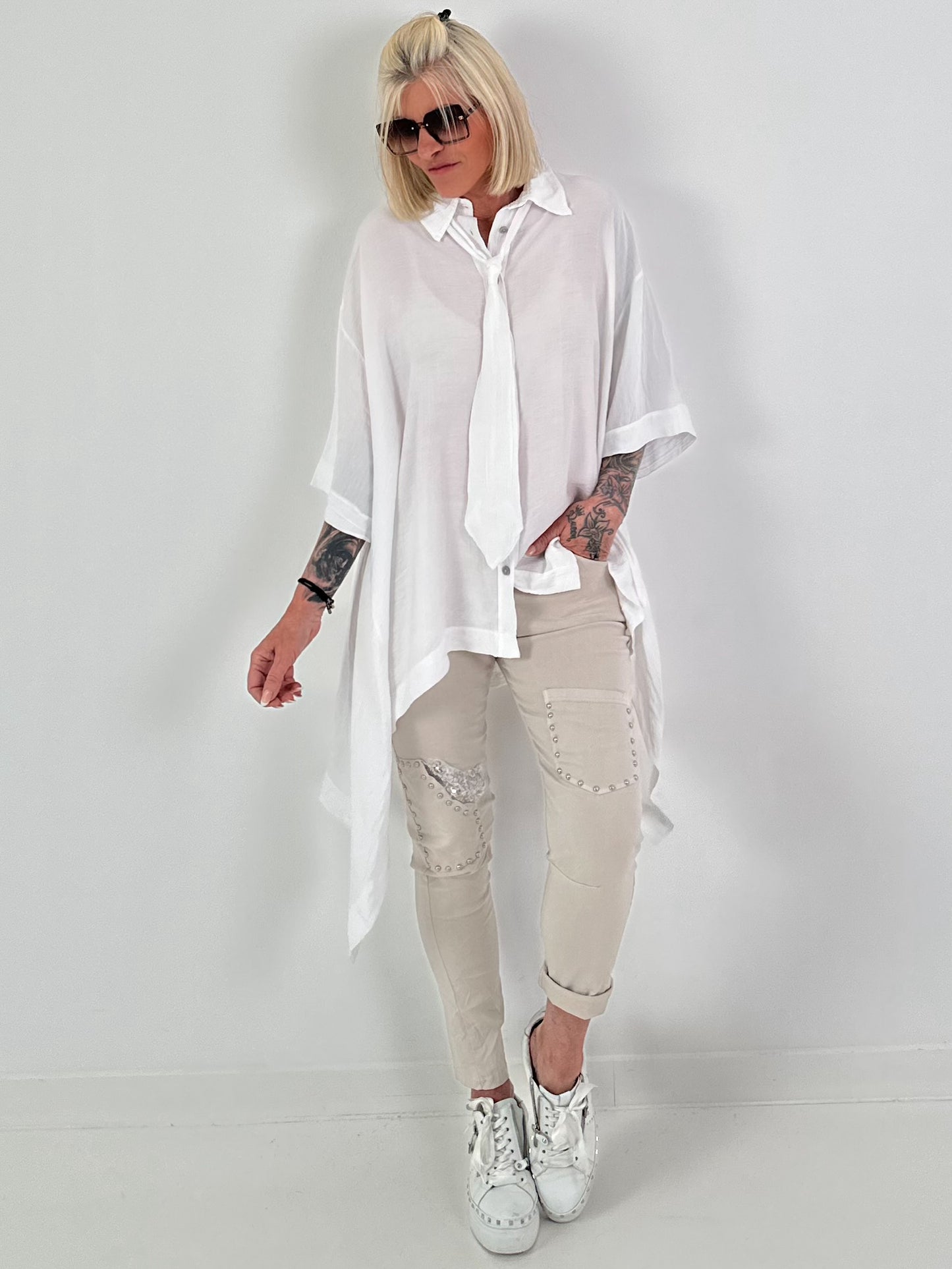 Oversized asymmetrical blouse with tie - white