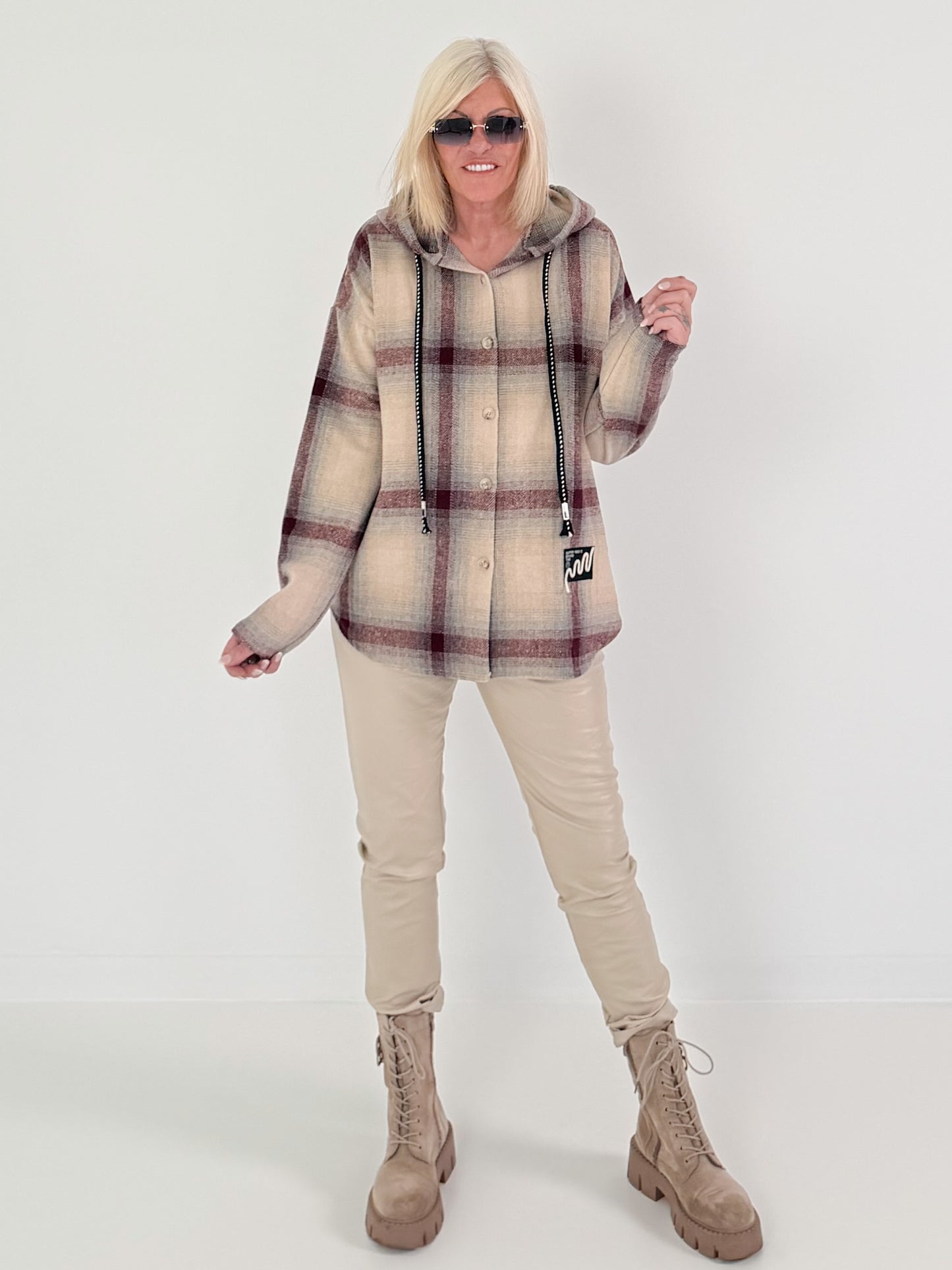 Plaid hooded shacket - beige-bordeaux-multicolored