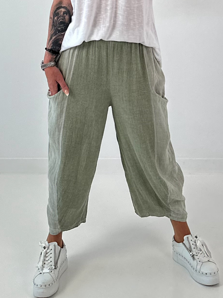 Balloon Linen Trousers with Fringe Details - taupe