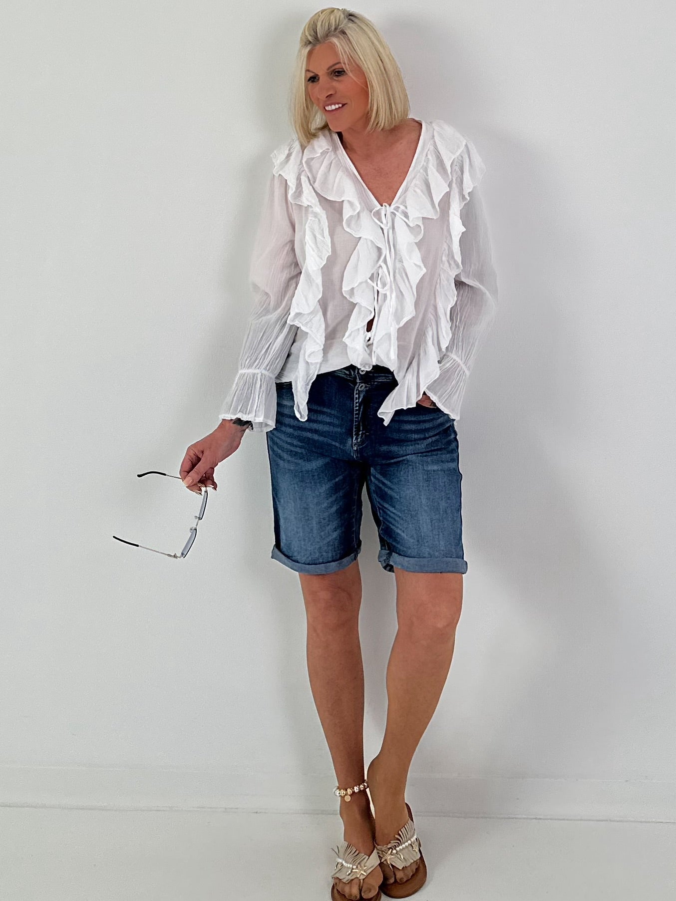 Tunic with Tie and Ruffles - White