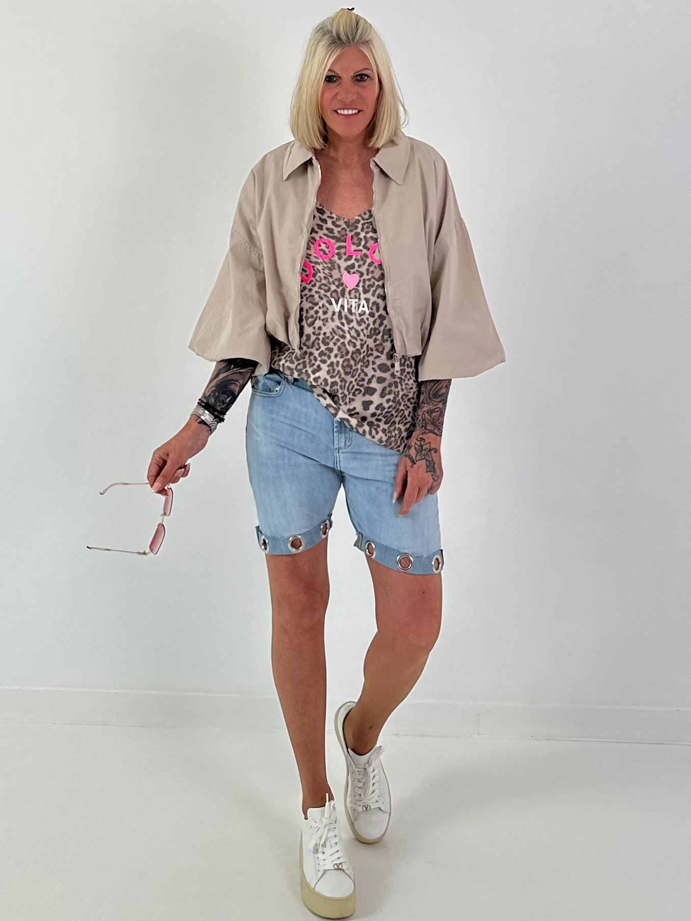 Sommer Crop-Jacke mit halben Arm - beige