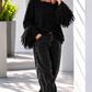 Fringe-look sweater with trumpet sleeves - black