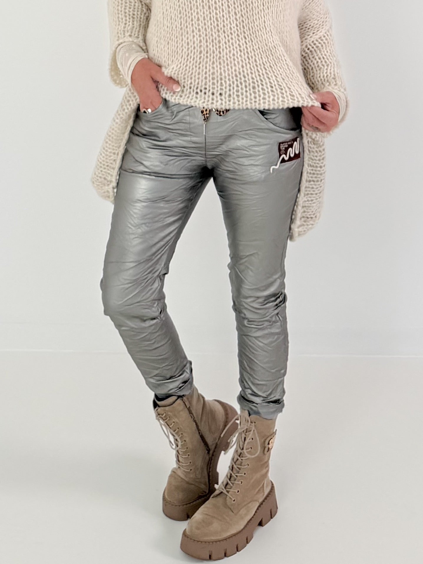 Vegan Leather Trousers with Patch - Silver-Grey