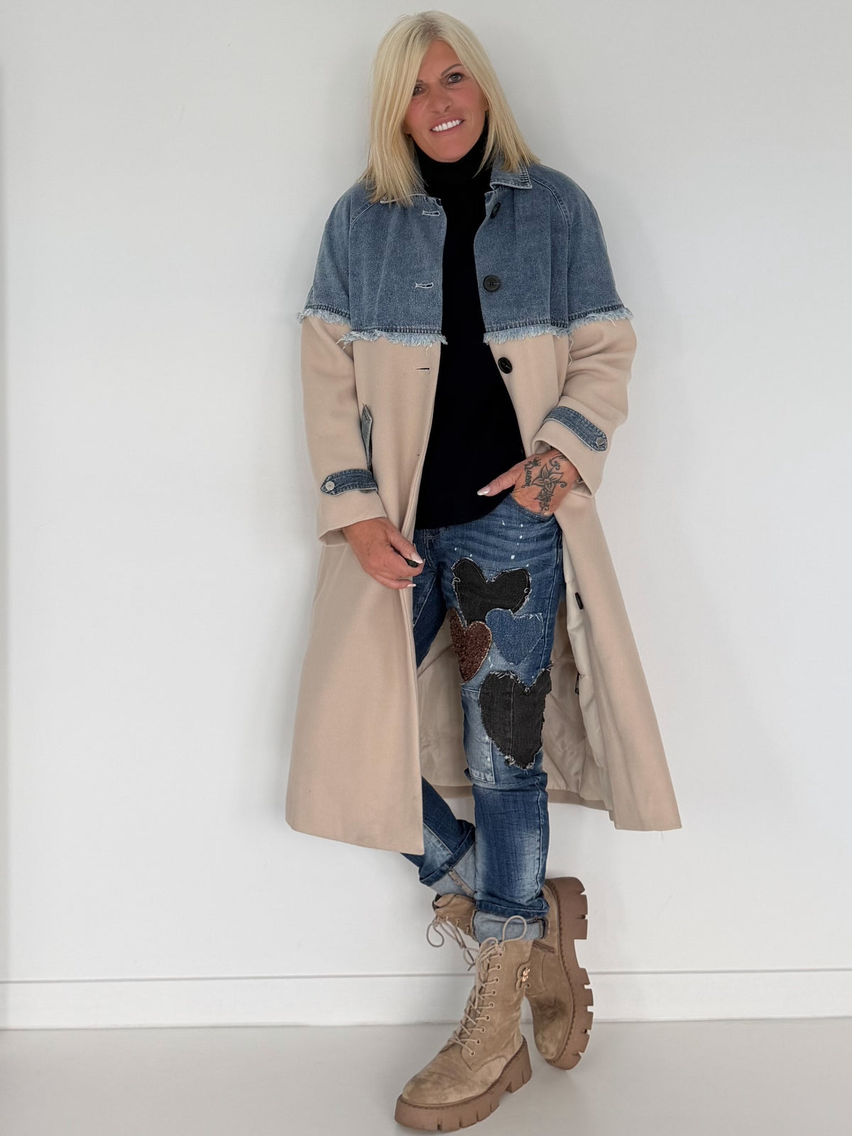 Mantel mit Denim-Einsätzen - denim-beige