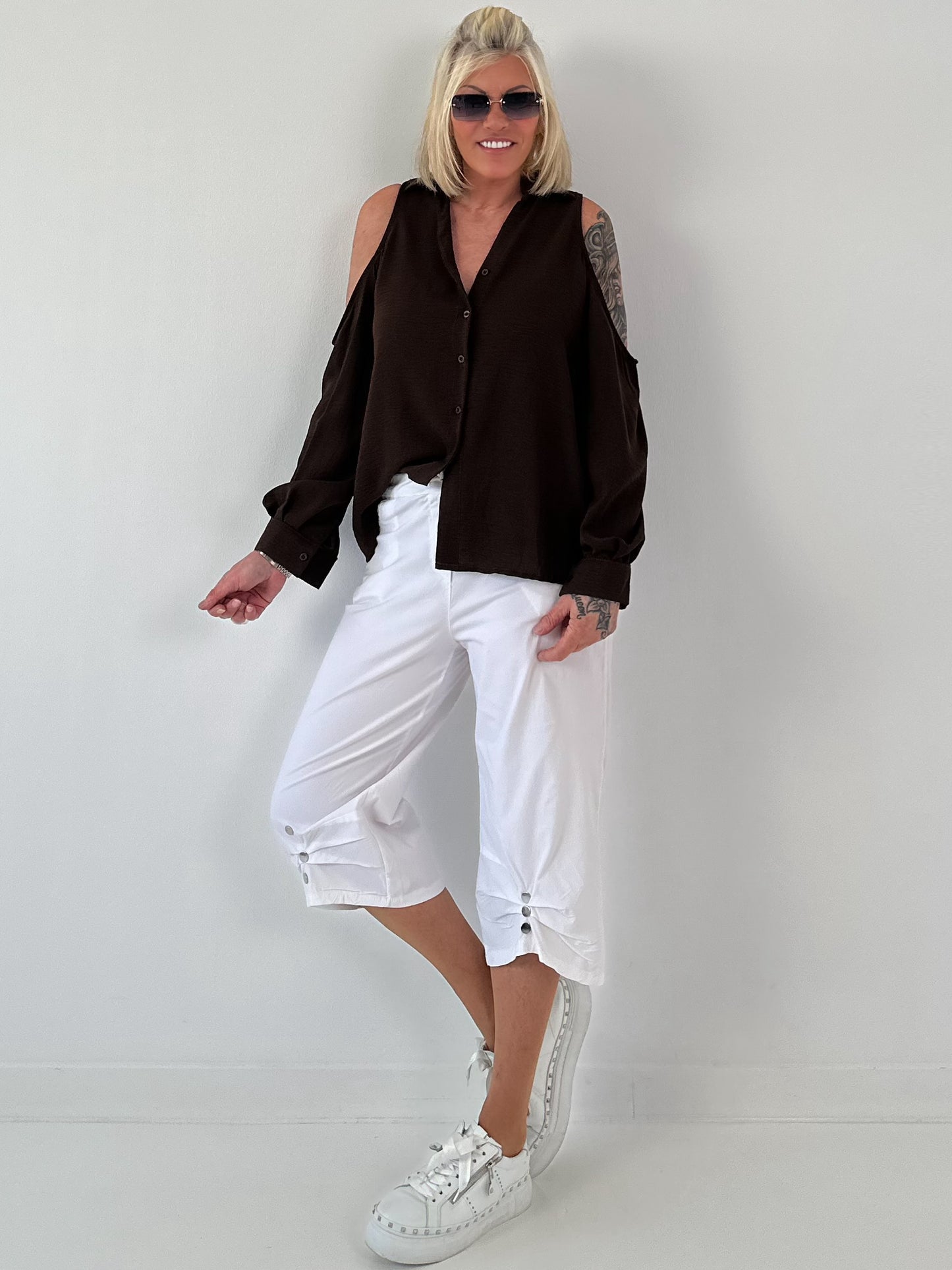 Bluse mit cold shoulder Detail - schoko