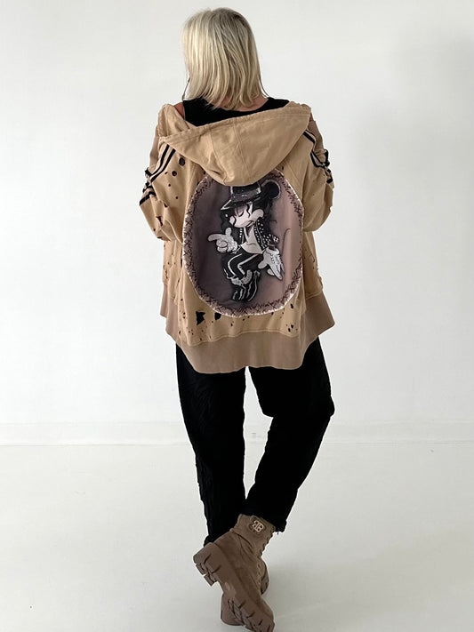 Stylische Sweatshirt Jacke mit großem Rückenpatch Comic - camel