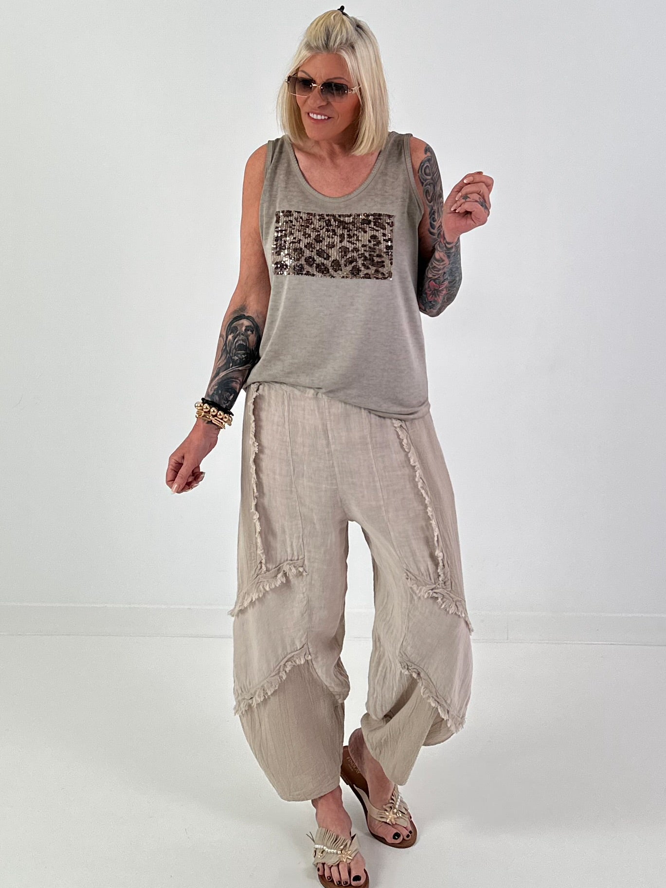 Balloon Linen Trousers with Fringe Detail - Beige