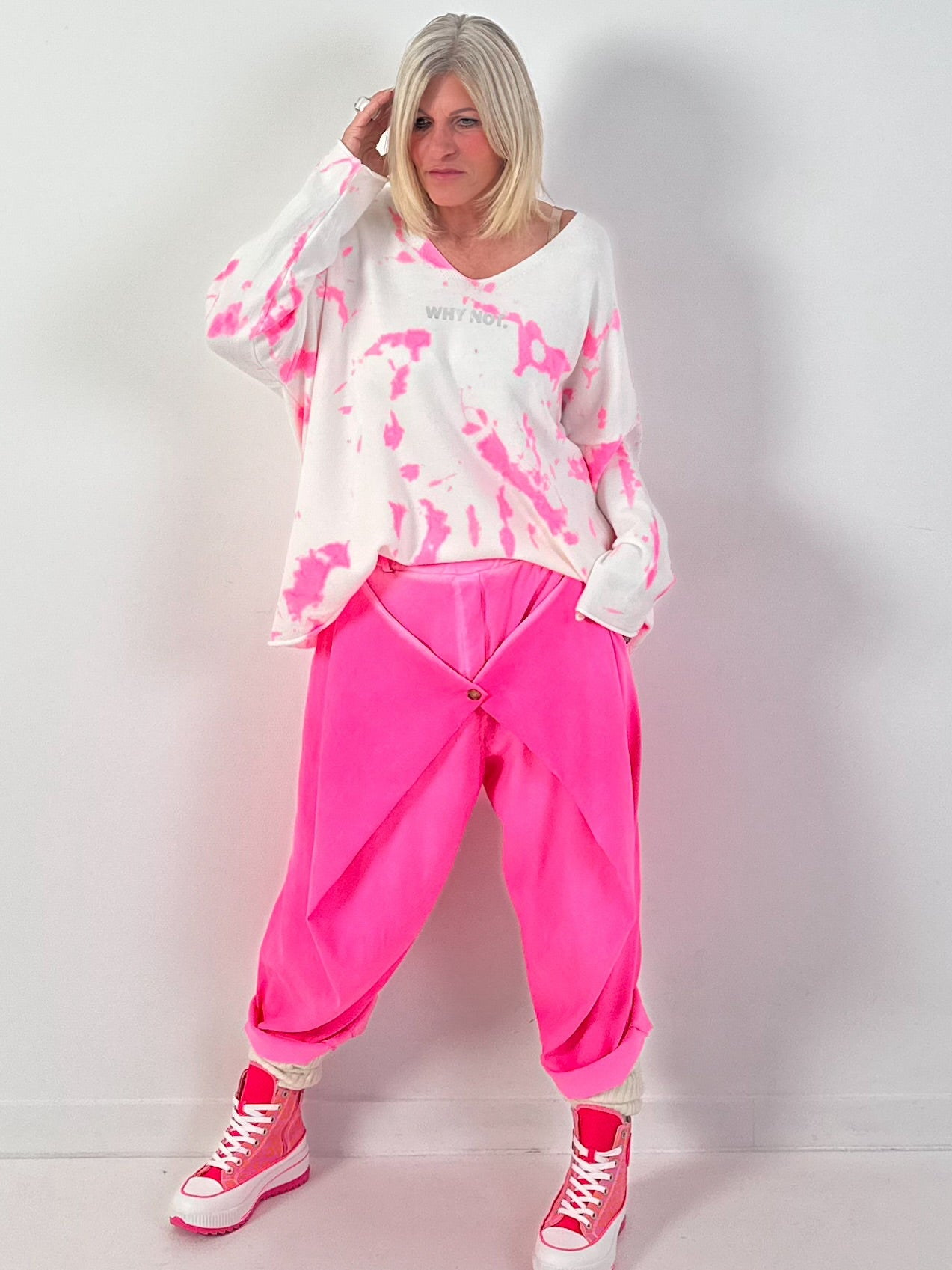Pullover "WHY NOT"- ecru-neonpink