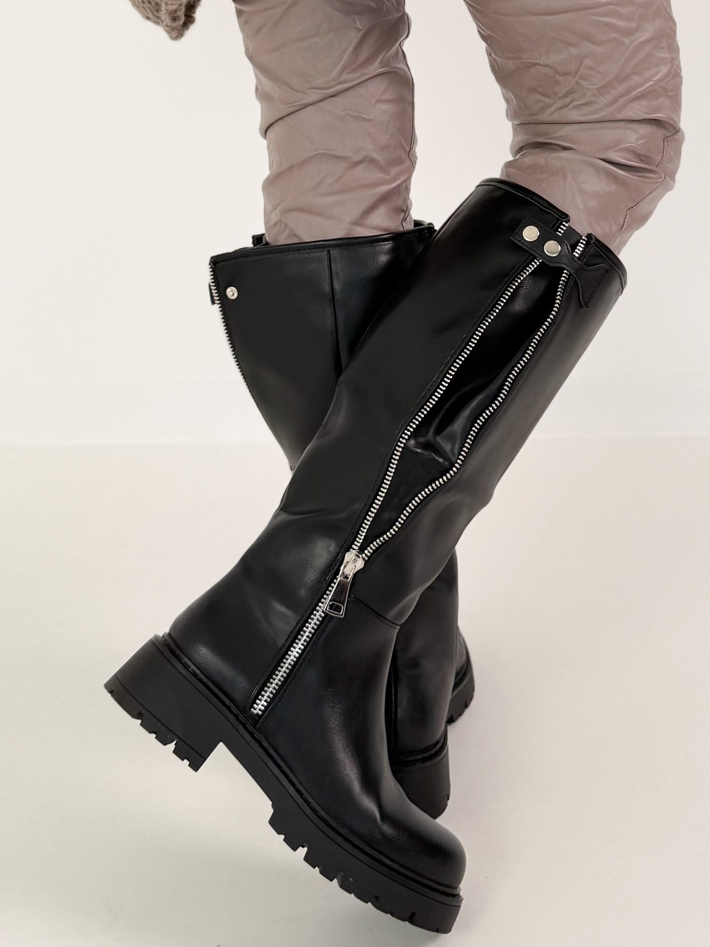 Leather-look boots with elaborate zipper details - black