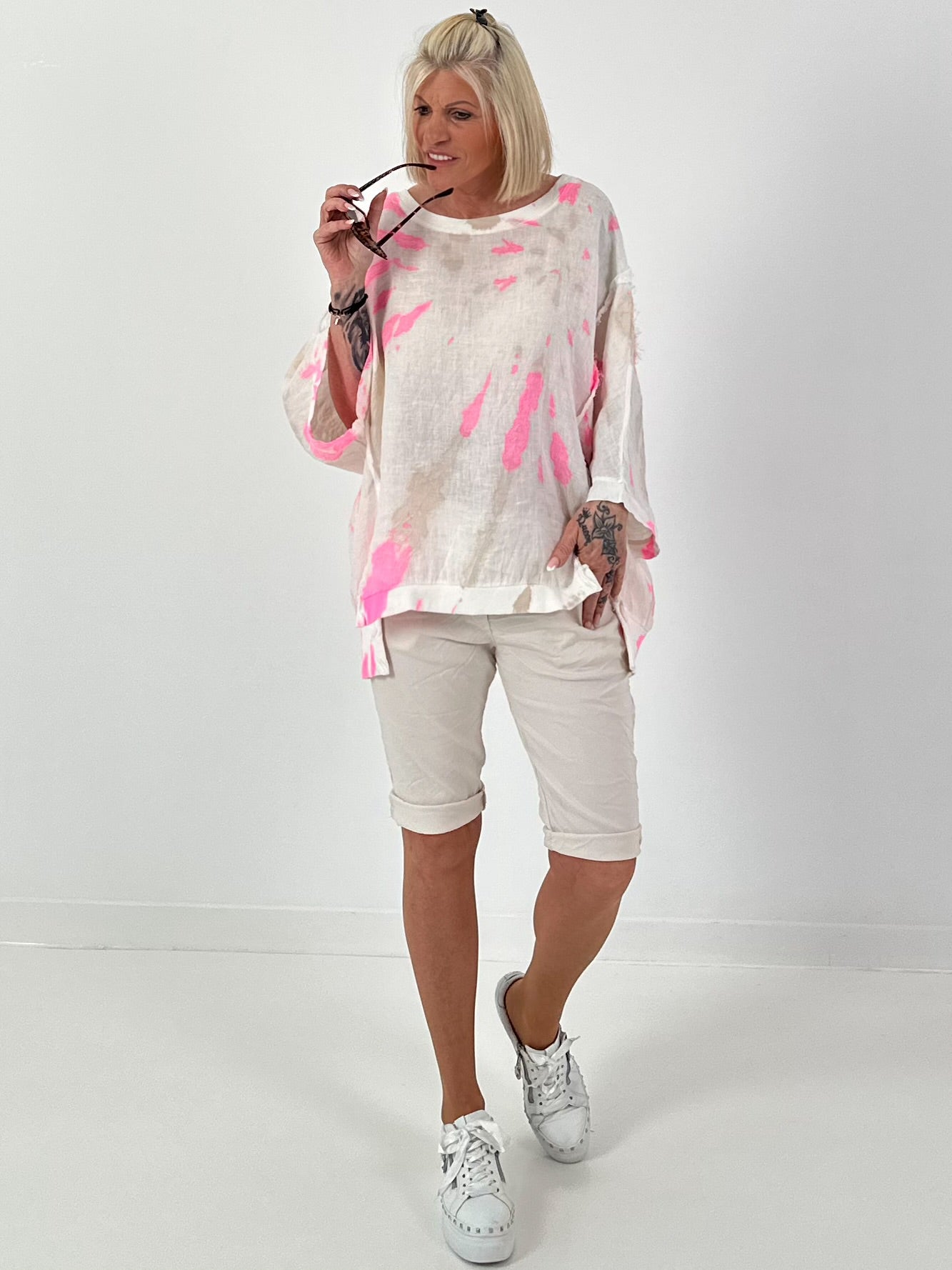 Oversized Batik Linen Shirt - white-neon pink-beige