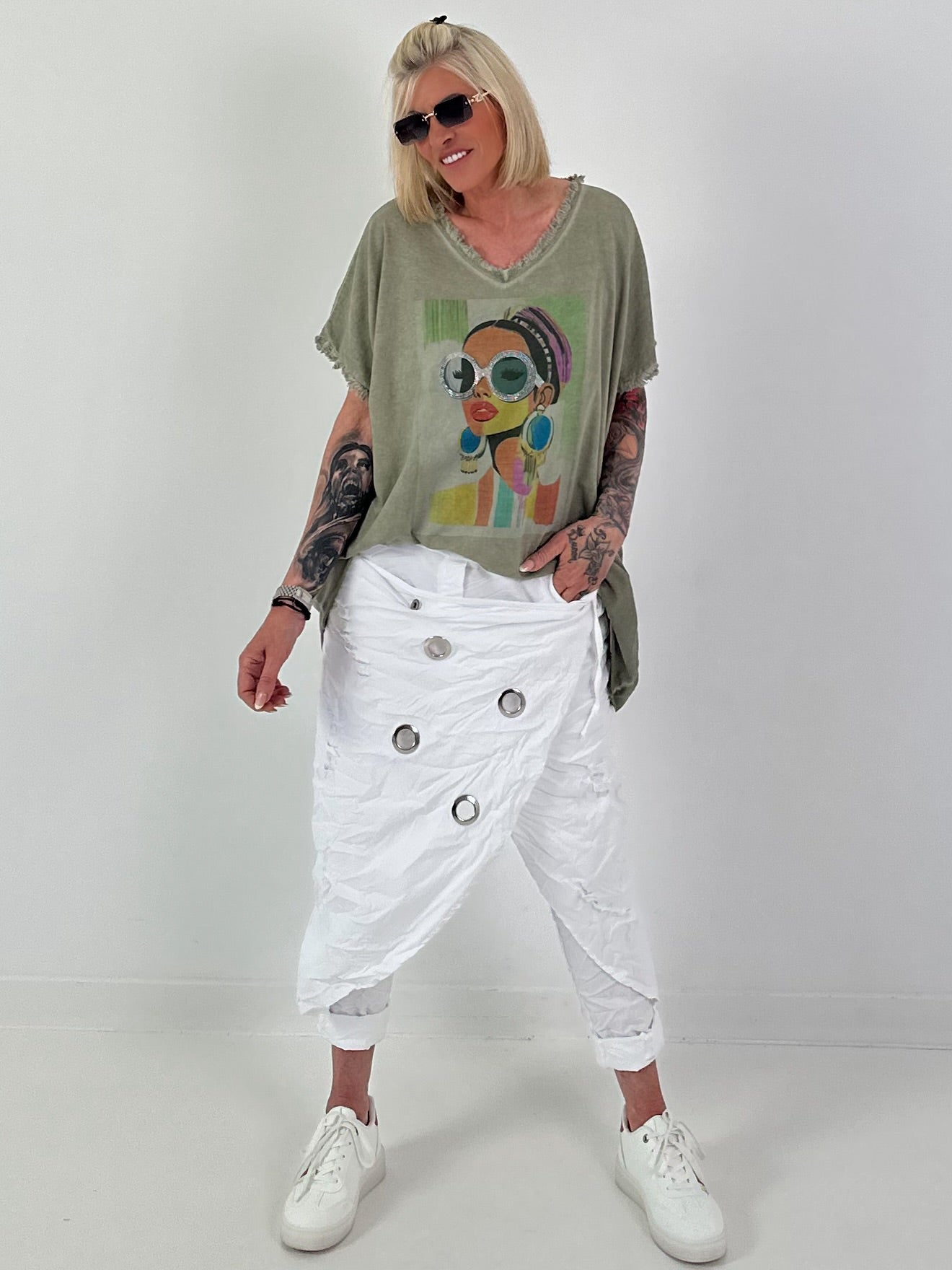 Oversized Shirt with Front Print - Khaki