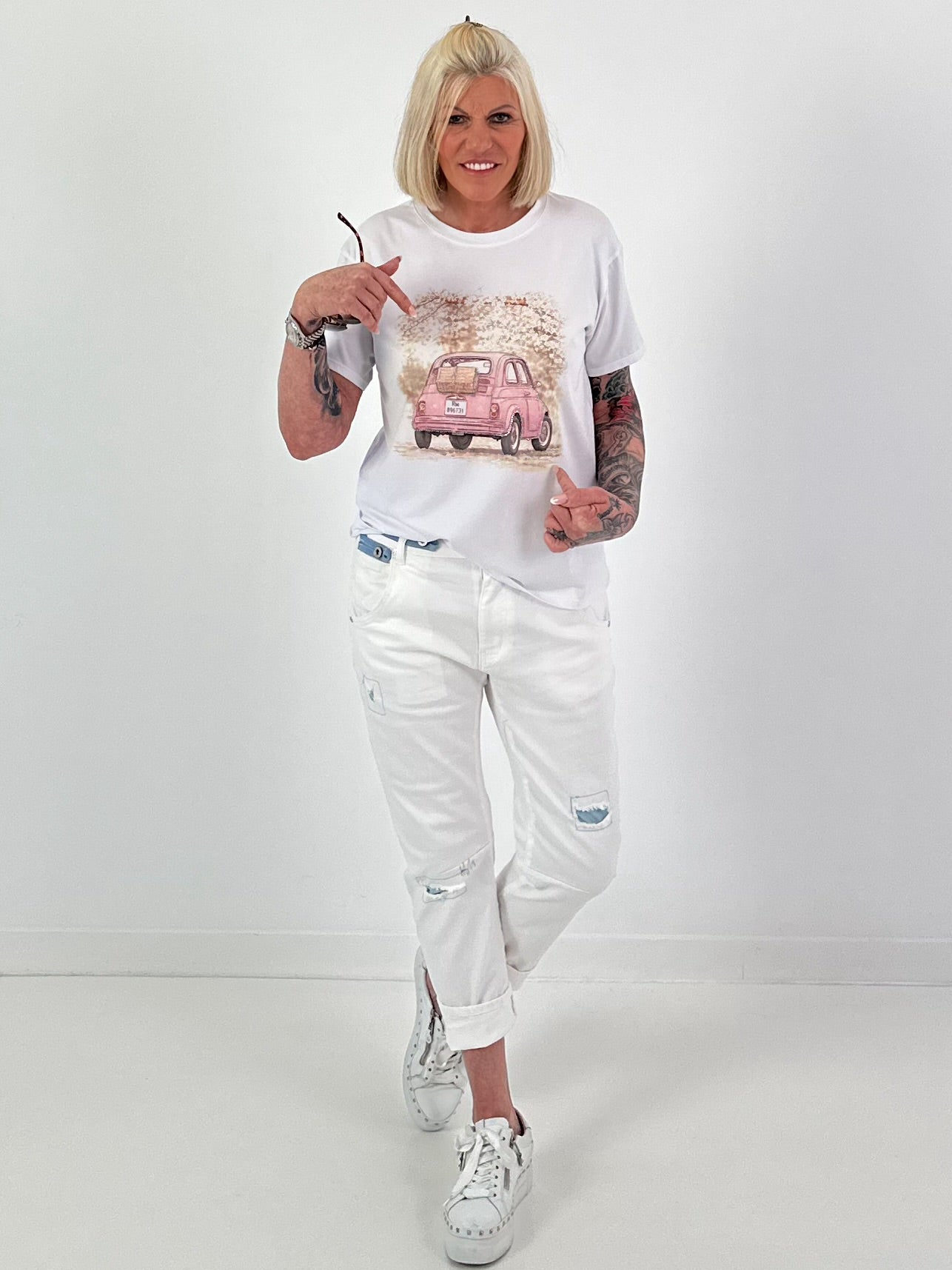 T-Shirt Glitzer Car - weiss-rosa