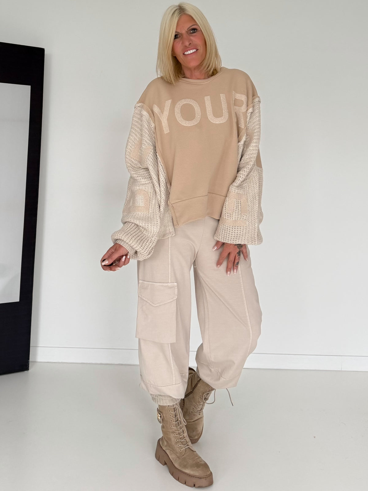 Sweater with knitted inserts - beige