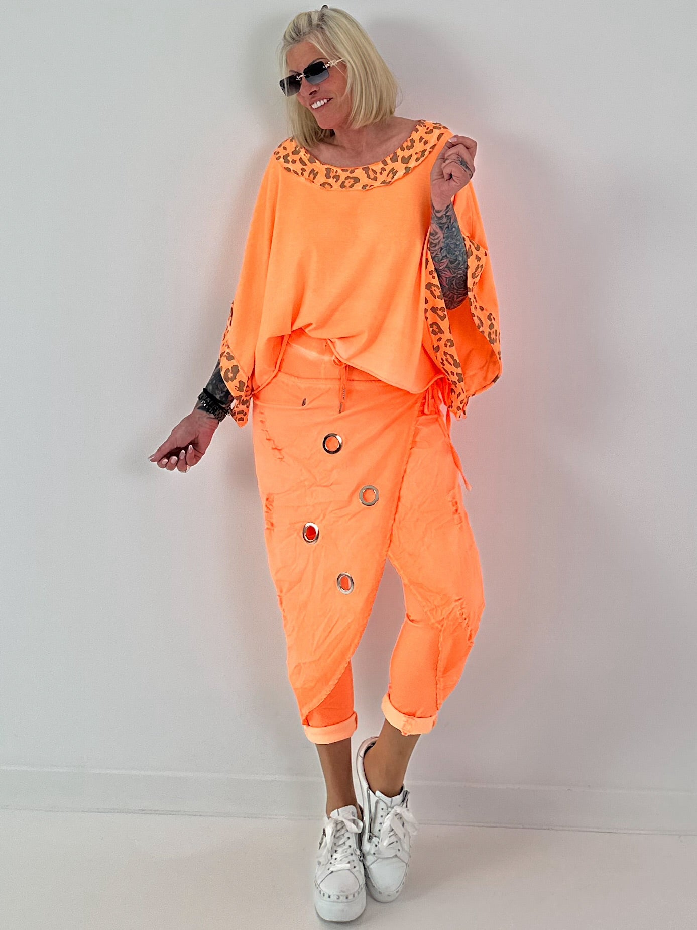 Poncho Shirt mit Leo Print - neonorange