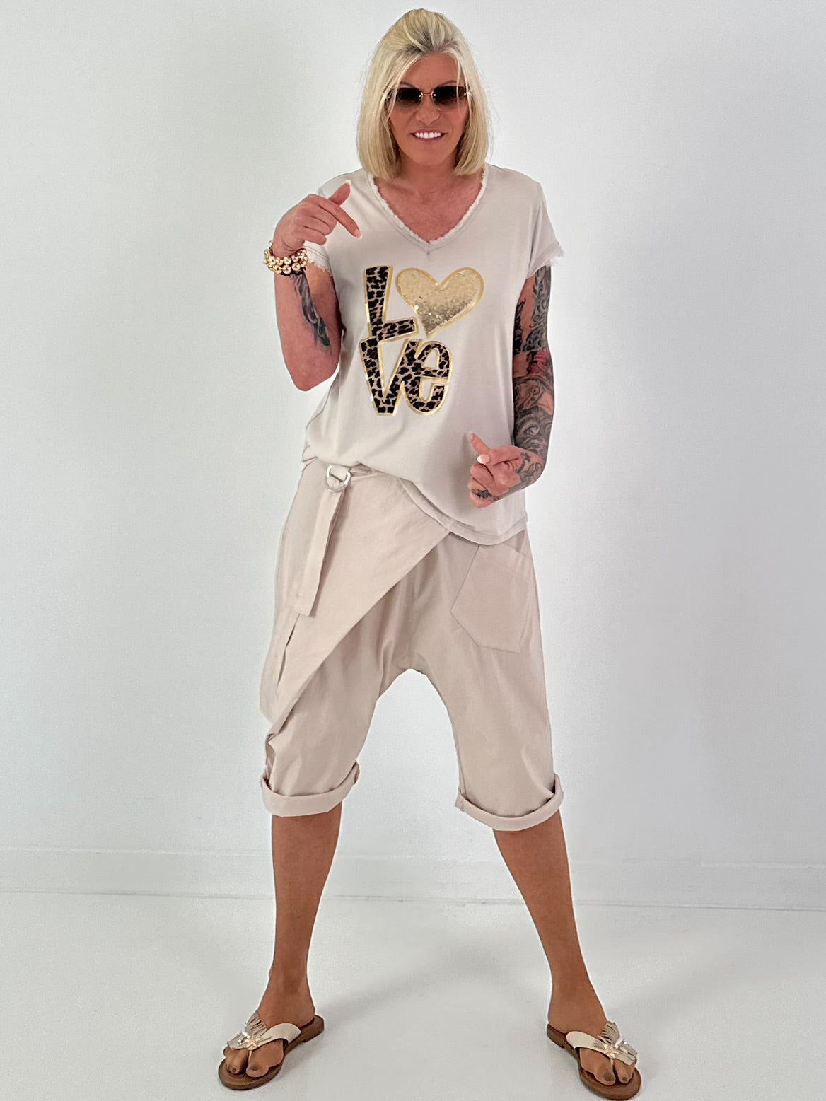 Love T-shirt with leopard and sequin details - beige