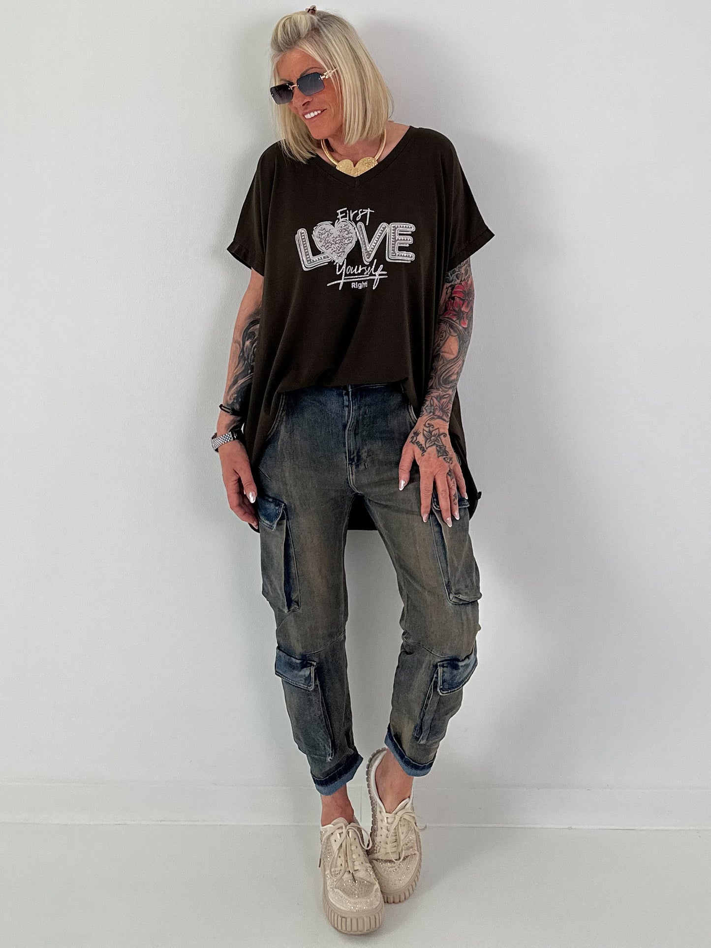 T-Shirt mit Strassdetail - mokka
