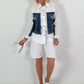 Blouse with denim and rhinestone details - white-blue