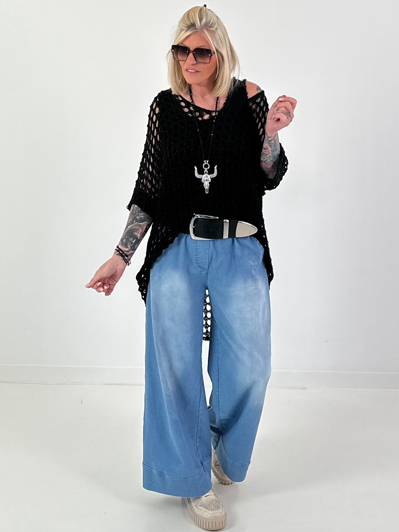 Oversized Häkelpulli - schwarz