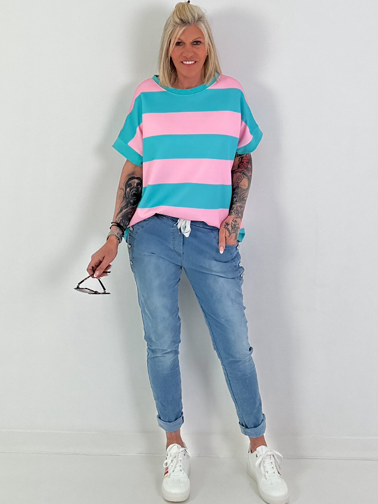 Sweat T-Shirt mit Streifen - türkis-rosa