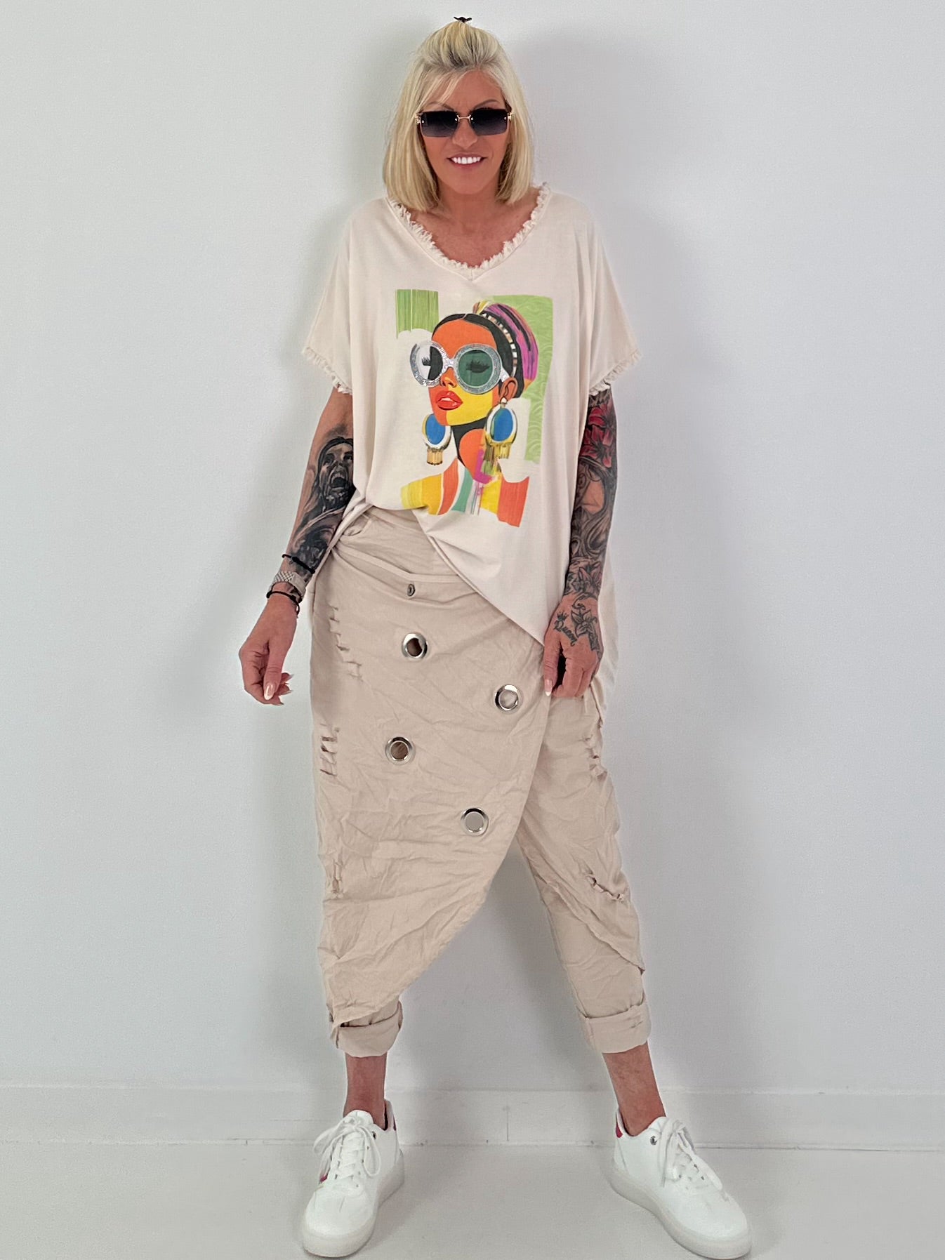 Oversized Shirt with Front Print - beige