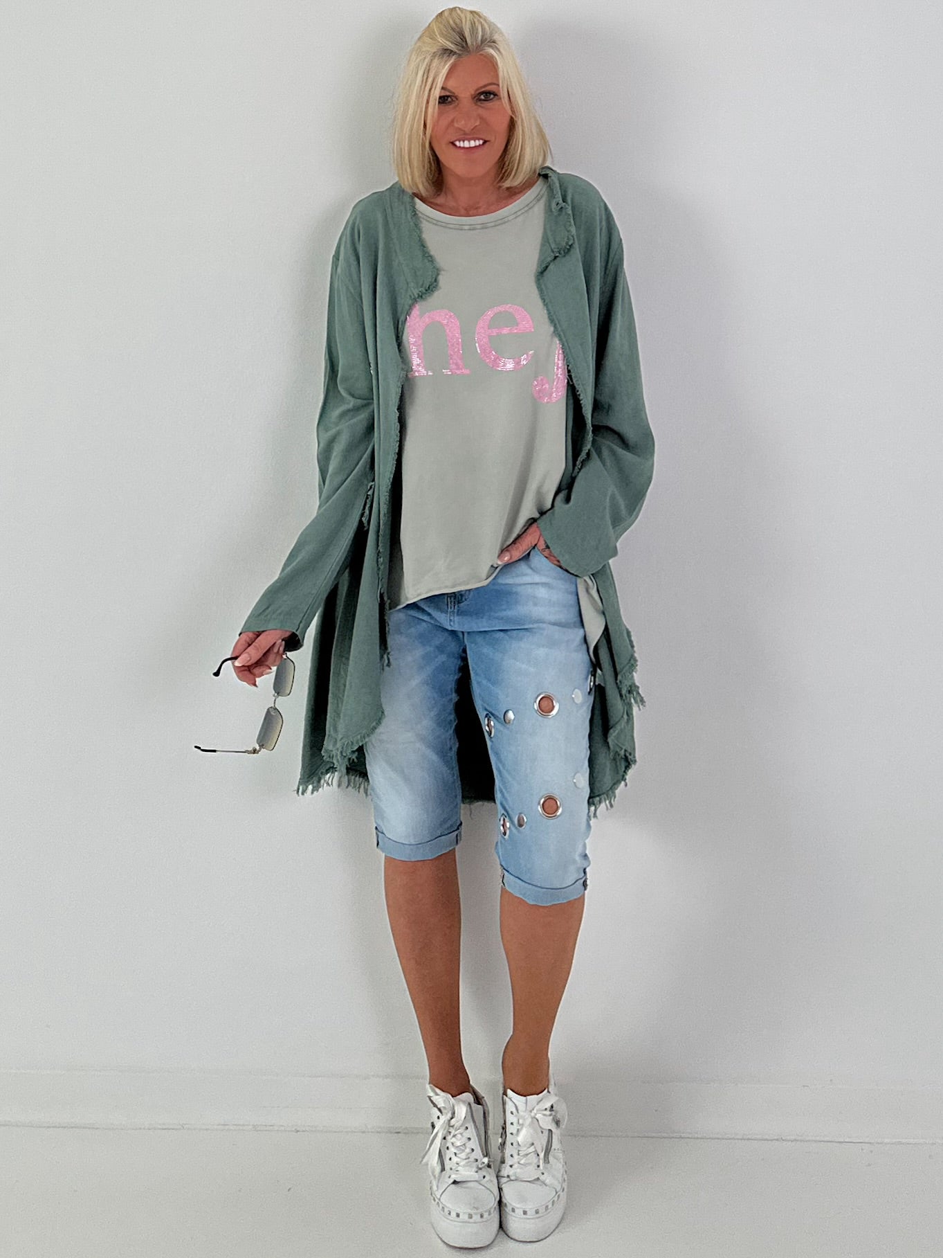 Linen Short Coat with Eyelets - Khaki