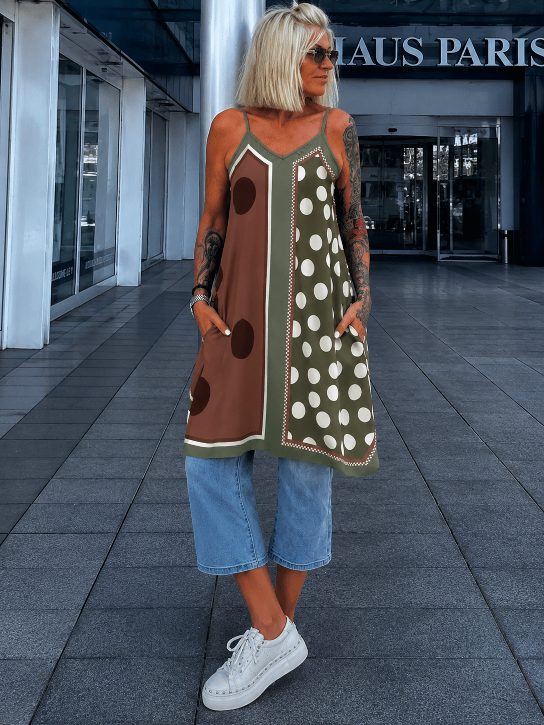 Luftiges Long Top / Kleid mit Muster - oliv-mehrfarbig