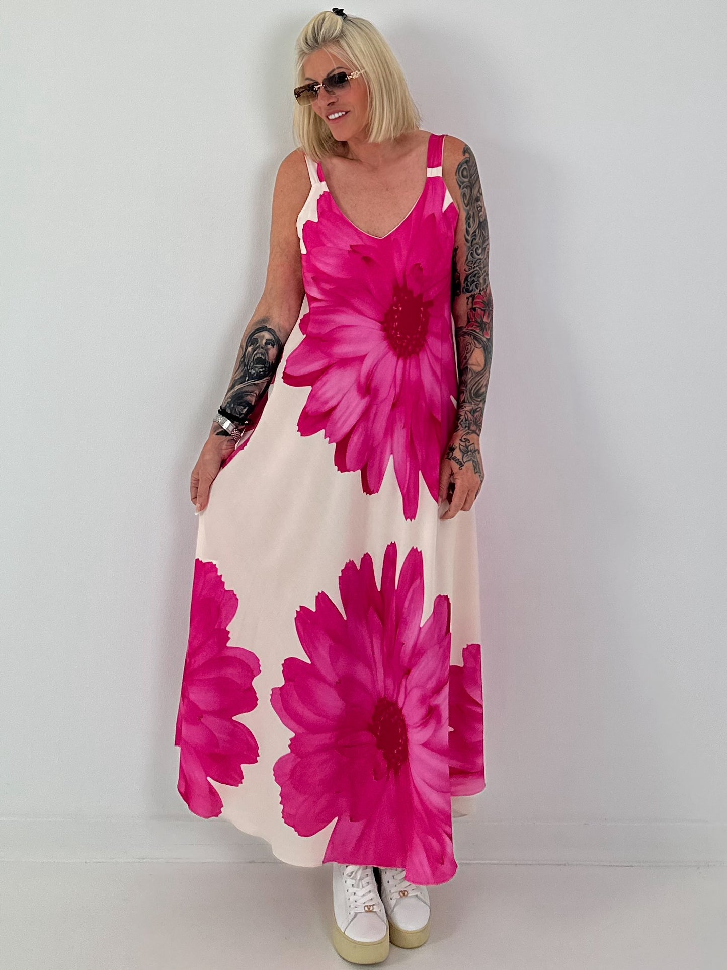 Kleid mit floralem Print - creme -pink