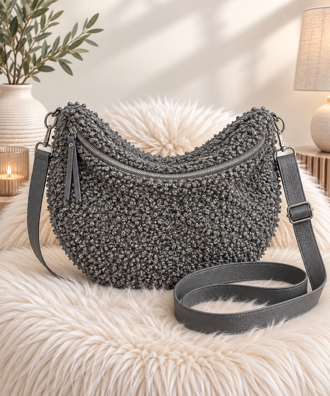 XXL Crossbody Bag in Teddy-Curl-Optik - grau