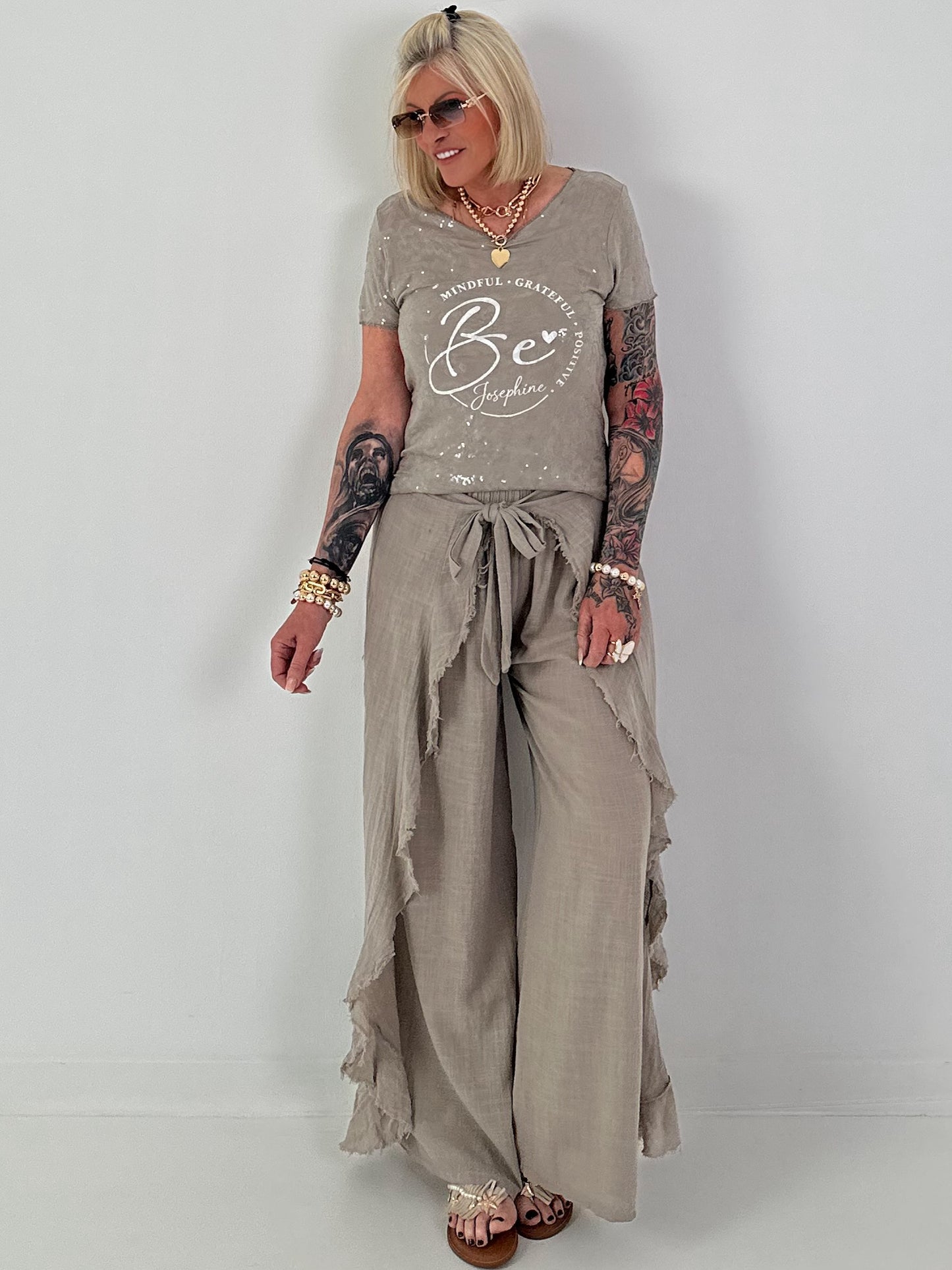 T-Shirt mit transparenten Pailletten - taupe