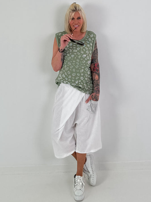 Ripp Top mit Glitzer Leo - khaki