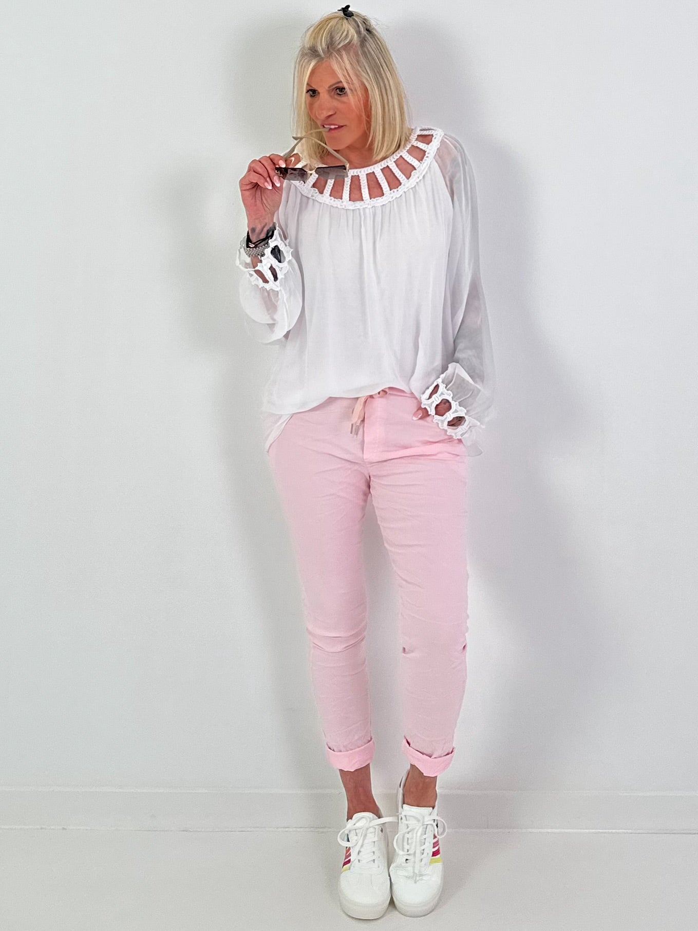 Silk Tunic with Crocheted Neckline - White