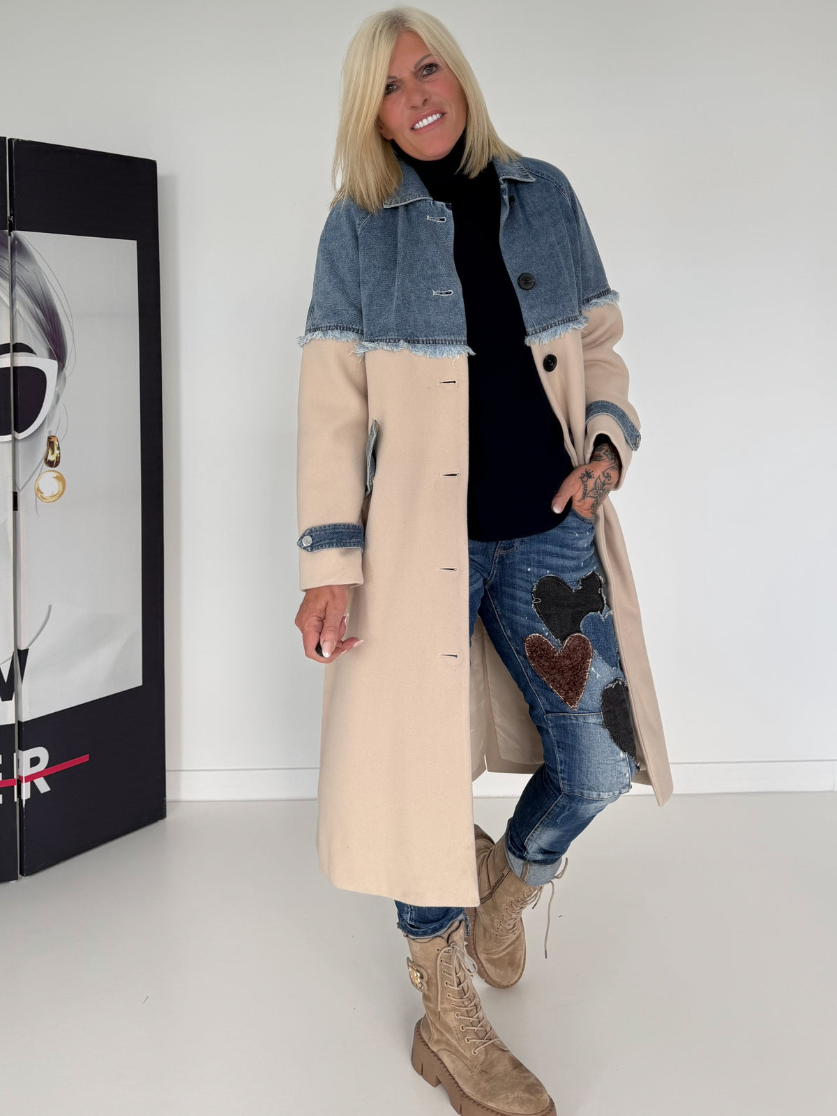 Mantel mit Denim-Einsätzen - denim-beige