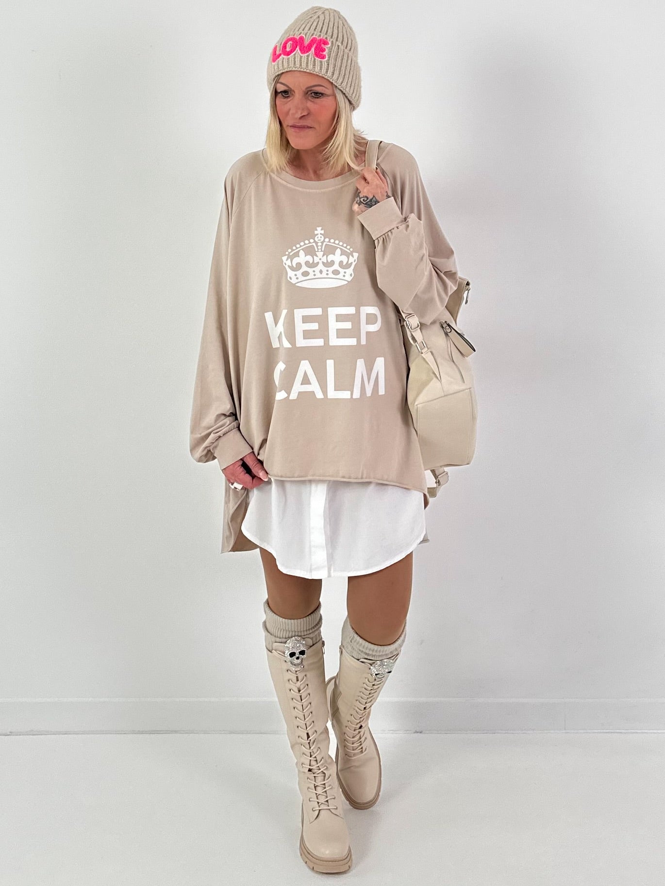 Oversized shirt model "KEEP CALM" - beige