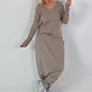 Ribbed V-Neck Shirt with Lace Details - Taupe