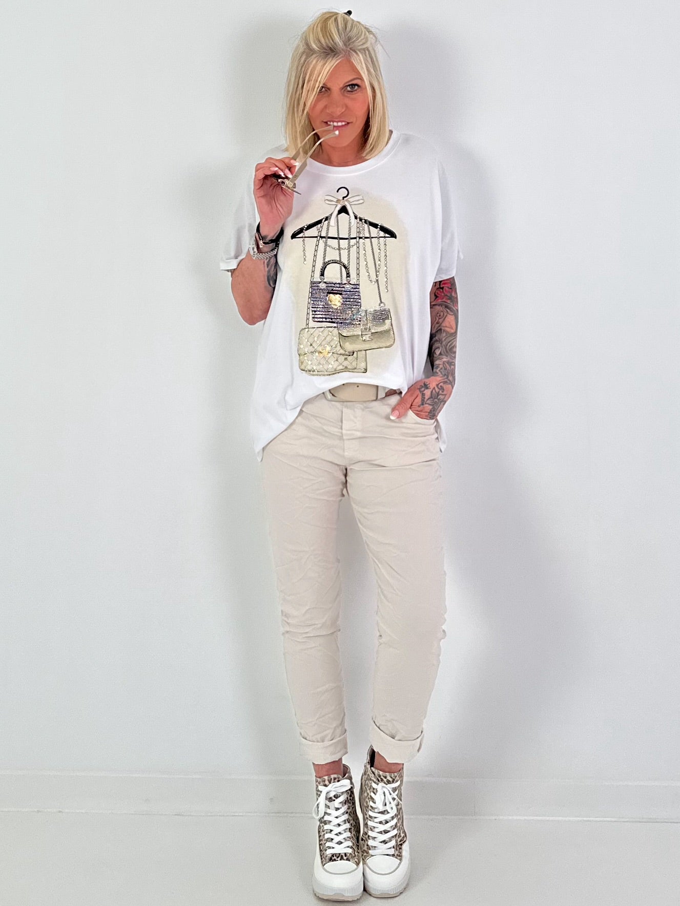 T-Shirt Glitzer-Bag - weiss-beige