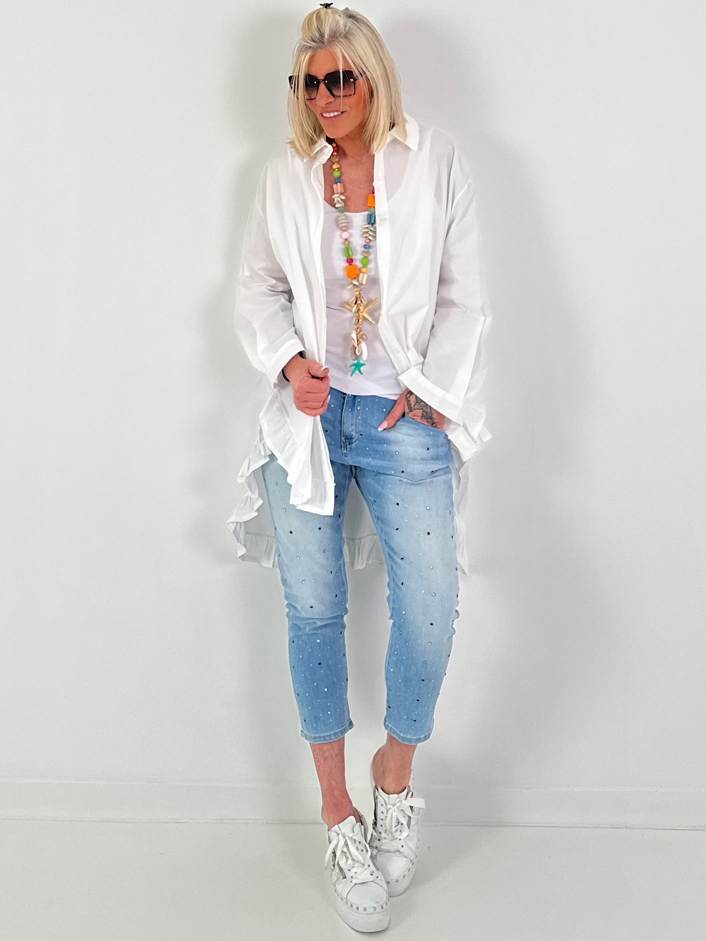 Oversized frilled shirt blouse - white