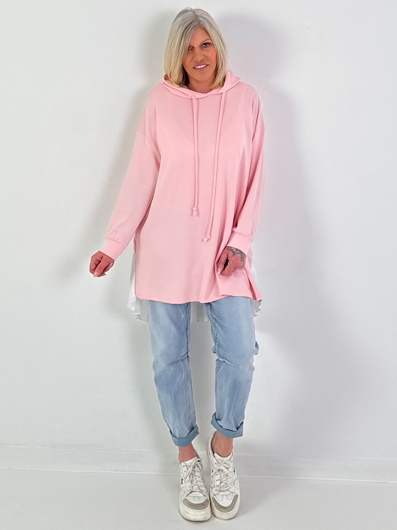 Long Hoodie mit Plissee-Einsatz - rosa